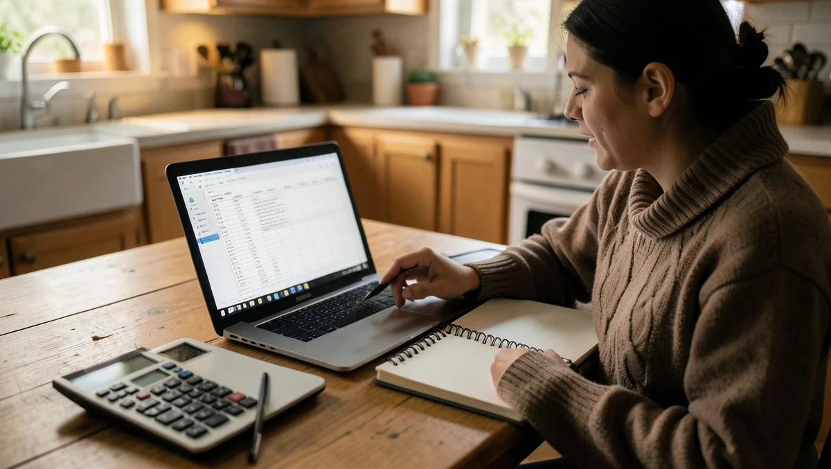 Person reviewing a monthly budget on a laptop and notebook to plan car savings
