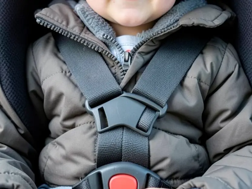 Car seat chest clip positioned over a childs winter coat