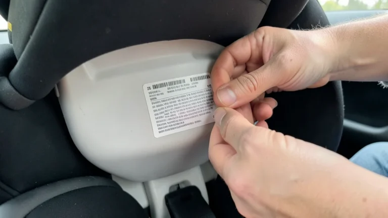 Parent checking the manufacture and expiration date label on a child car seat