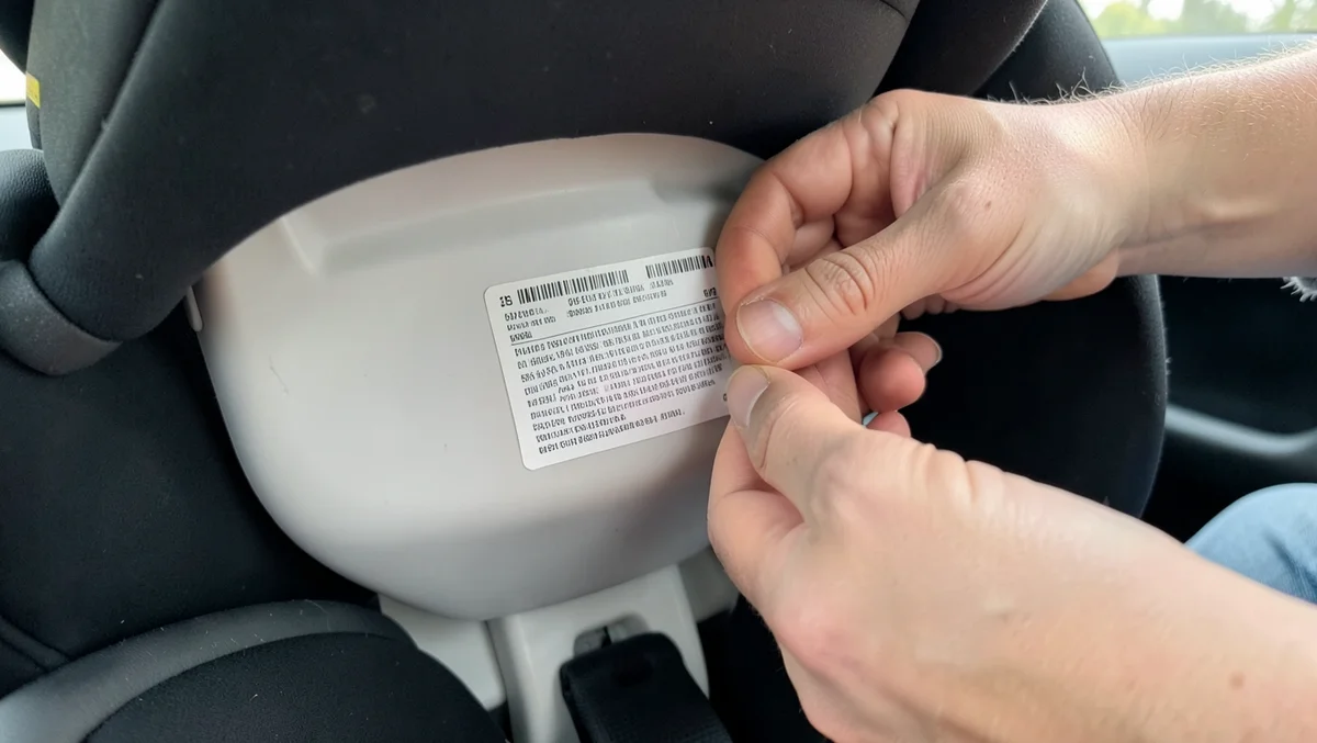 Parent checking the manufacture and expiration date label on a child car seat
