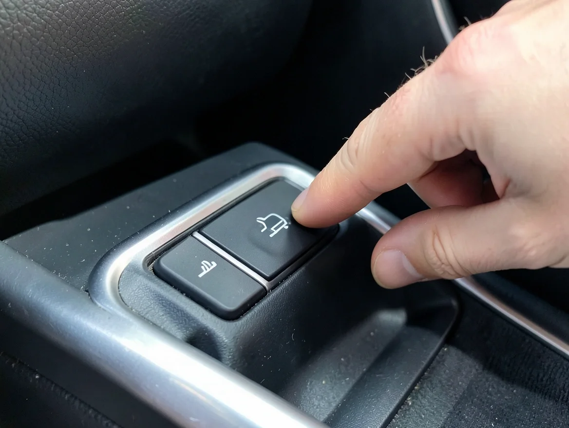 Driver pressing a heated seat button with a seat and heat-wave icon on a car console