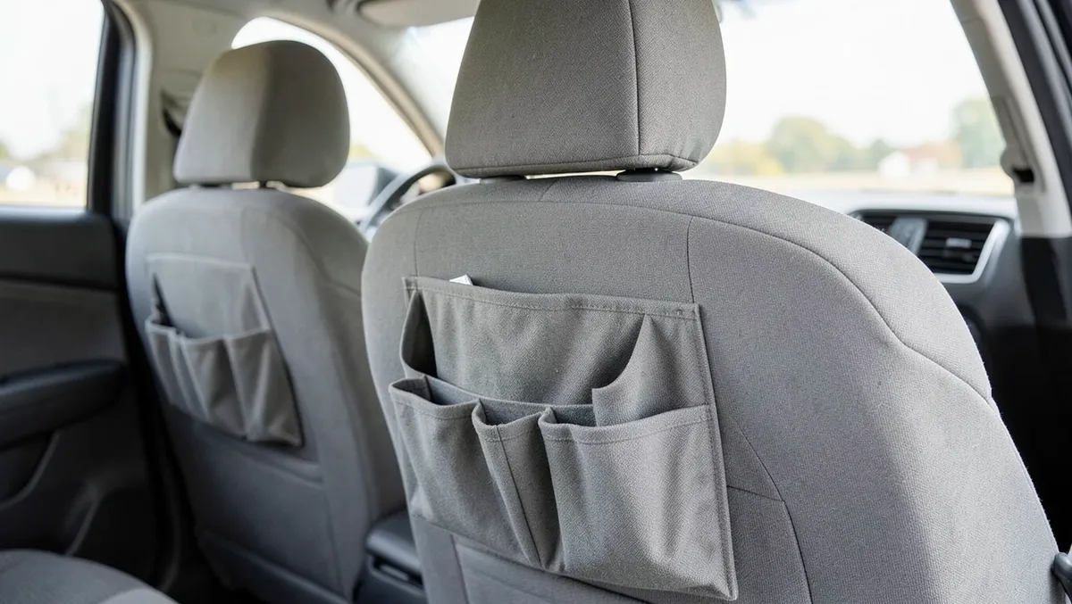 Car seat organizer pockets hanging from front seat headrests inside a car