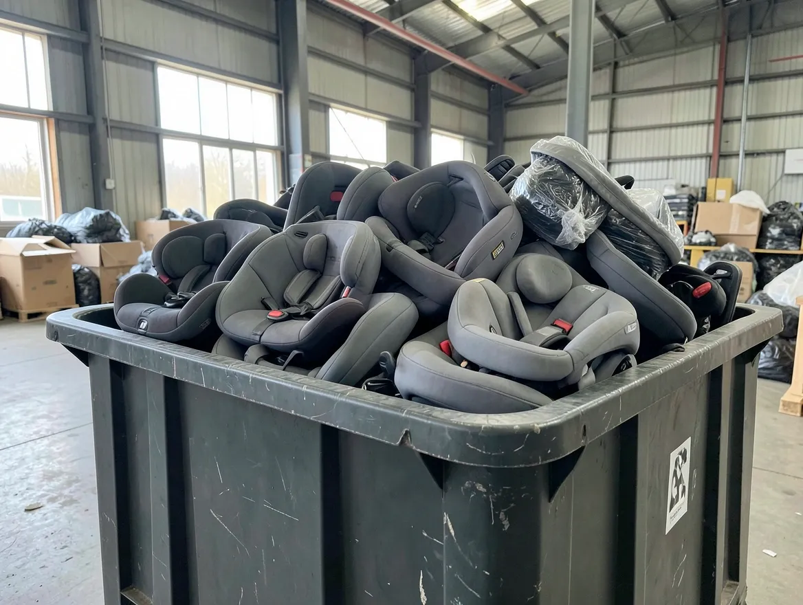 A bin full of used car seats collected for a recycling program