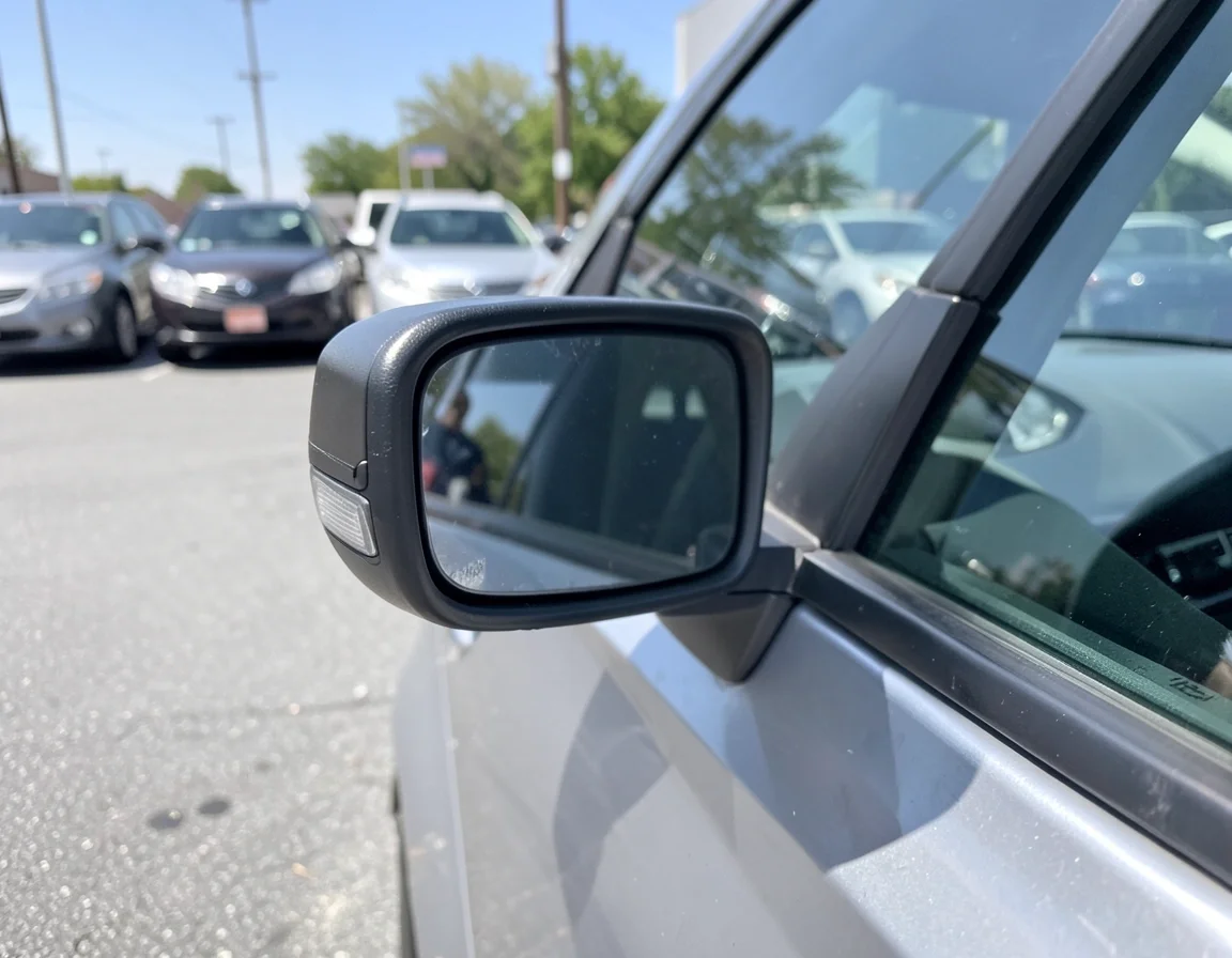 Close-up of a working exterior side view mirror, the equipment most state laws require for a legal rearview