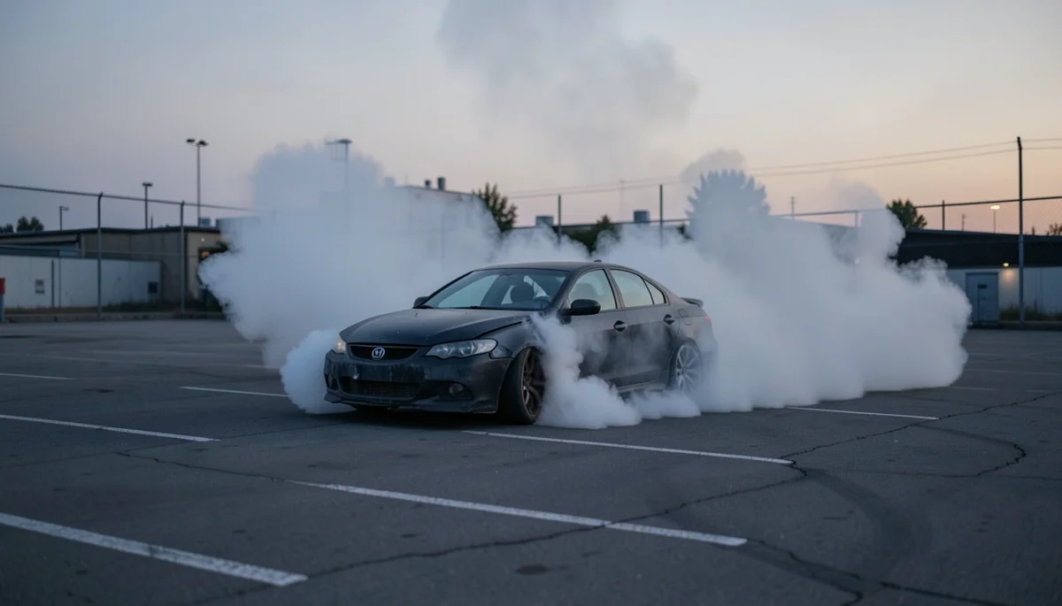 Modified car performing a burnout with tire smoke in an empty parking lot, illustrating a street sideshow stunt