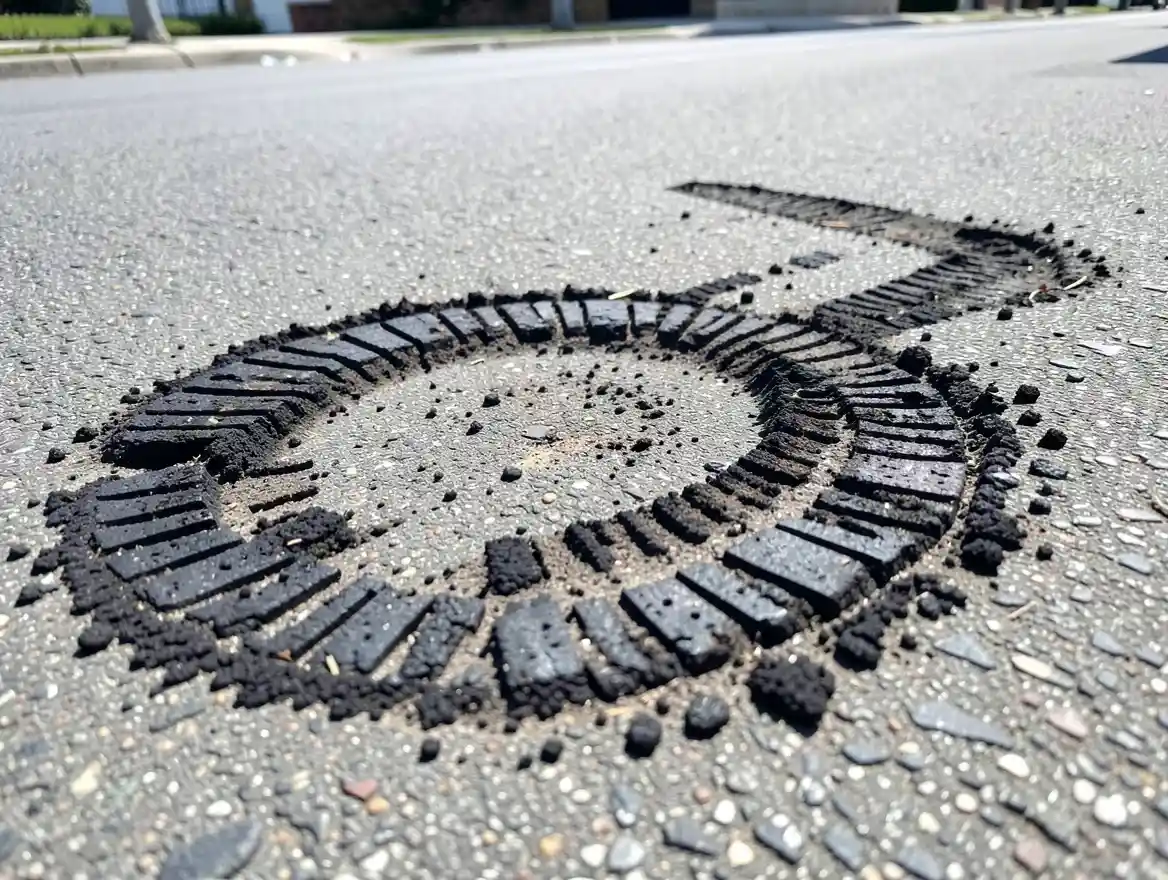 Circular burnt tire marks left on pavement from a car sideshow donut stunt