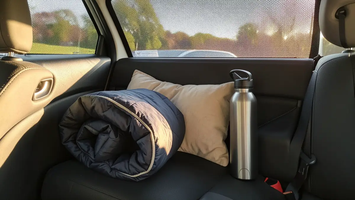Sleeping bag, pillow, and water bottle arranged in the back seat of a car with a mesh window sunshade
