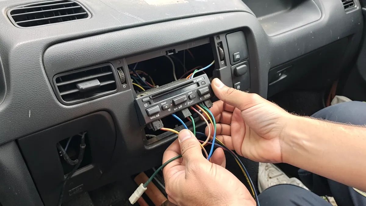 Technician installing an aftermarket car stereo head unit and connecting the wiring harness