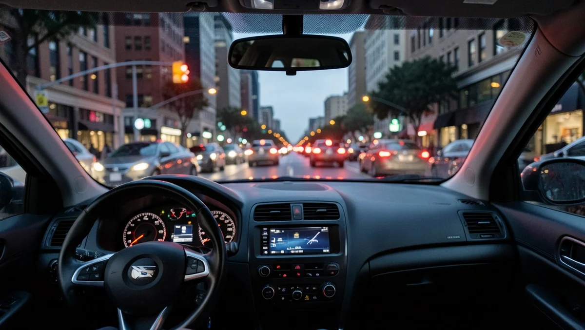 Driver's view through the windshield of a car stopped at a red traffic light in city traffic