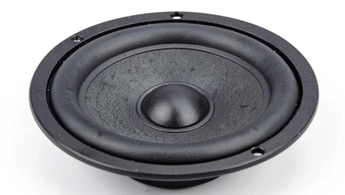 Close-up of a car subwoofer speaker cone showing the rubber surround and dust cap
