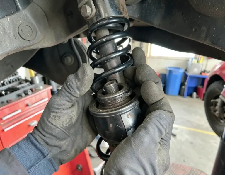 Mechanic holding a removed car suspension strut assembly with coil spring in an auto repair shop