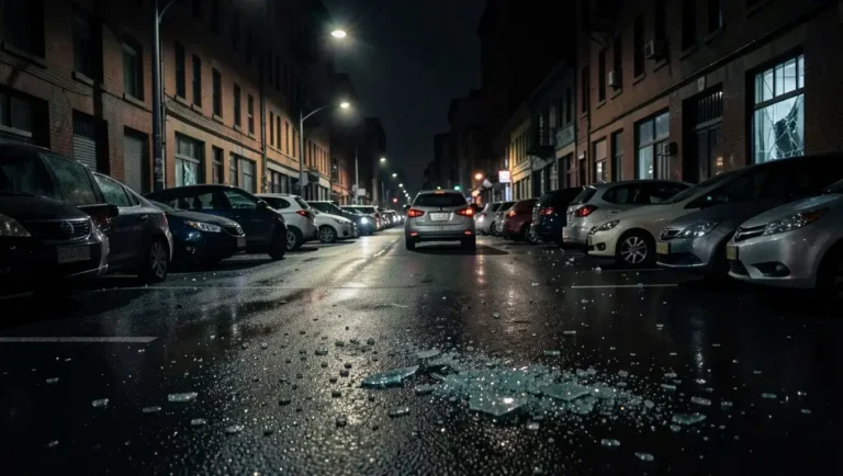 An empty parking spot on a city street at night with broken glass on the pavement after a car theft