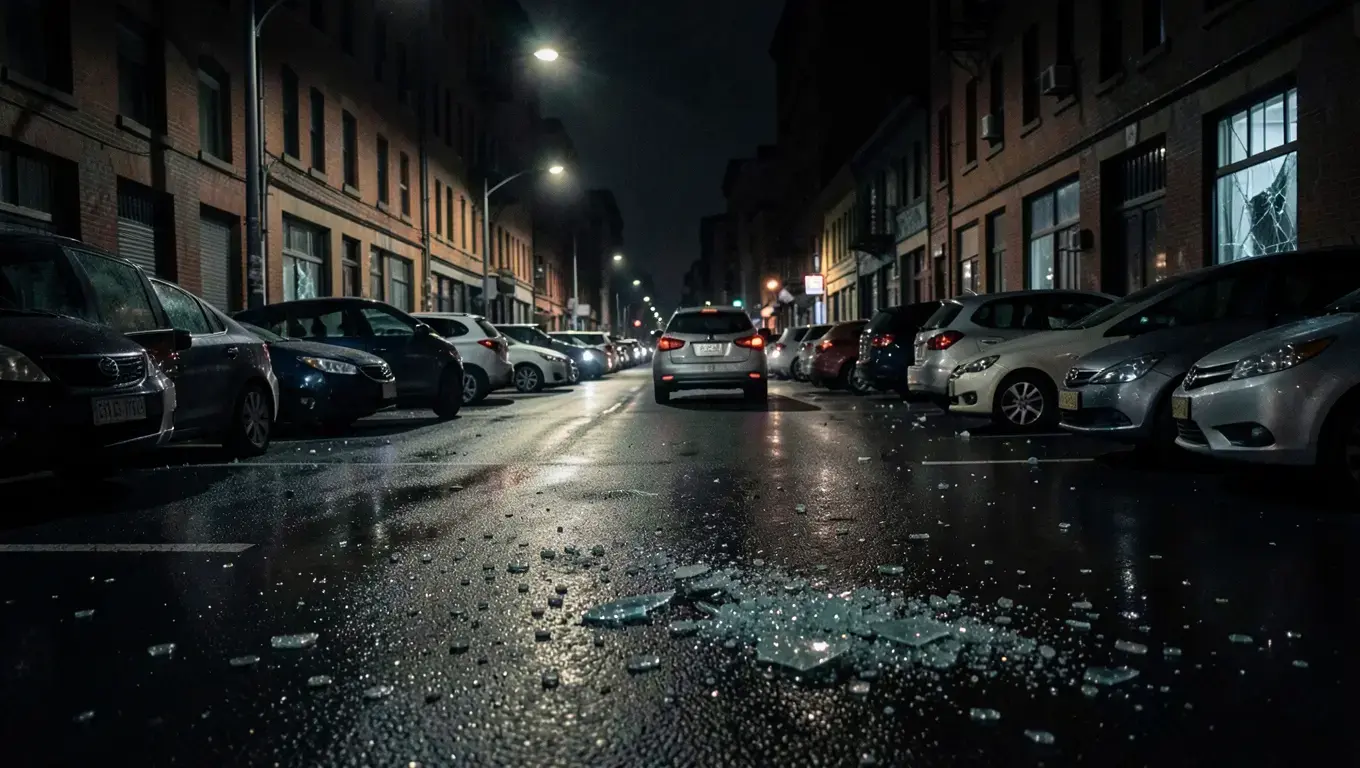 An empty parking spot on a city street at night with broken glass on the pavement after a car theft
