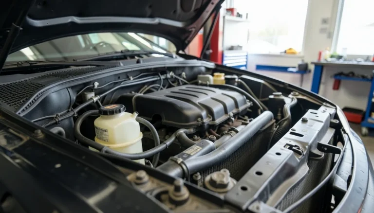 Open car engine bay showing the coolant reservoir tank and radiator hoses used to diagnose a bad thermostat