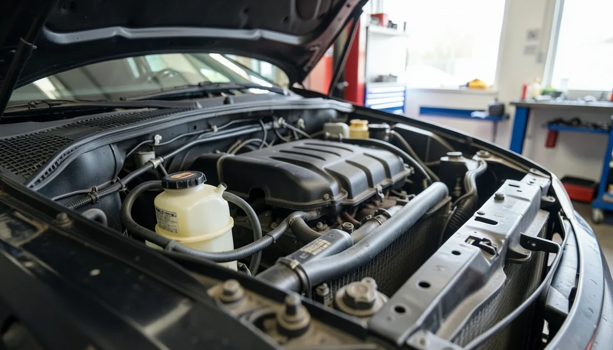 Open car engine bay showing the coolant reservoir tank and radiator hoses used to diagnose a bad thermostat