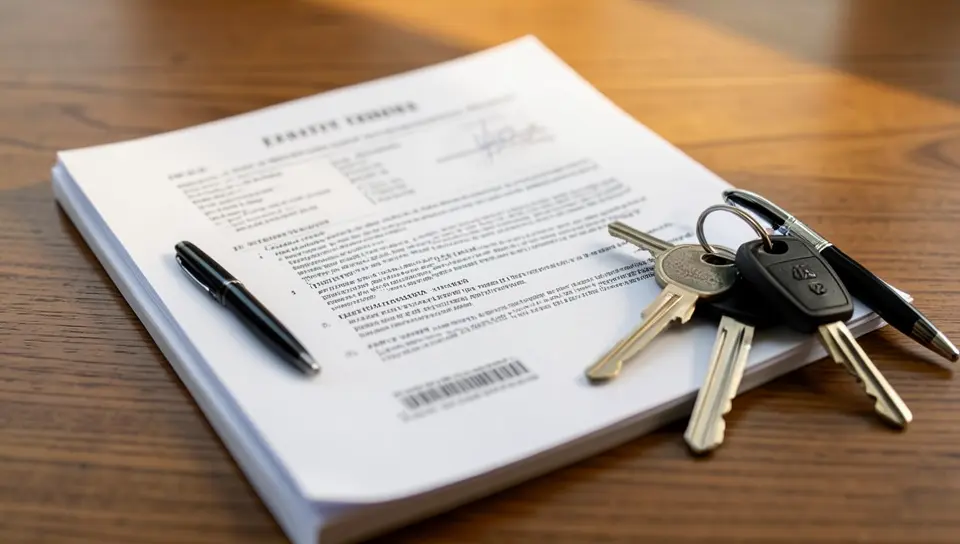 Car title, death certificate, and estate documents with car keys on a desk
