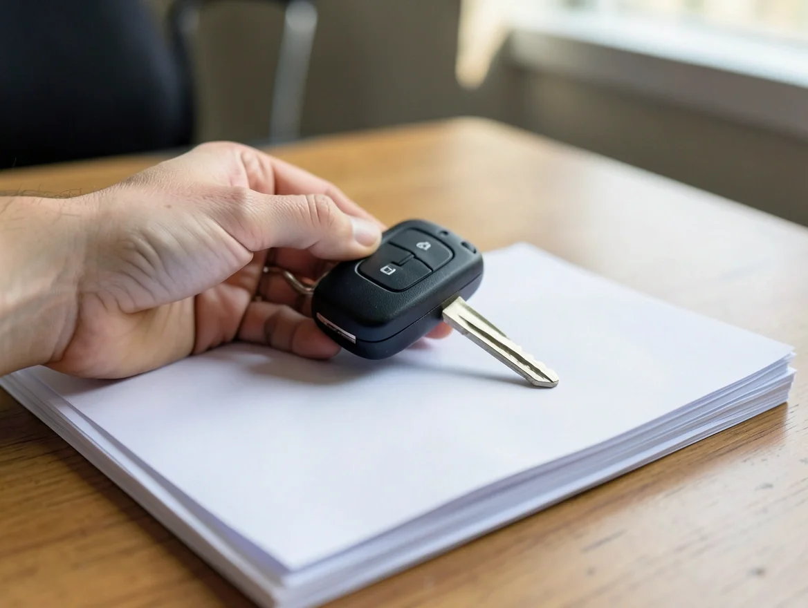 Hand holding a car key fob over paperwork on a desk during a title transfer
