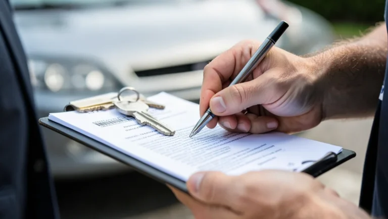 Buyer signing car title transfer paperwork on a clipboard next to the vehicle