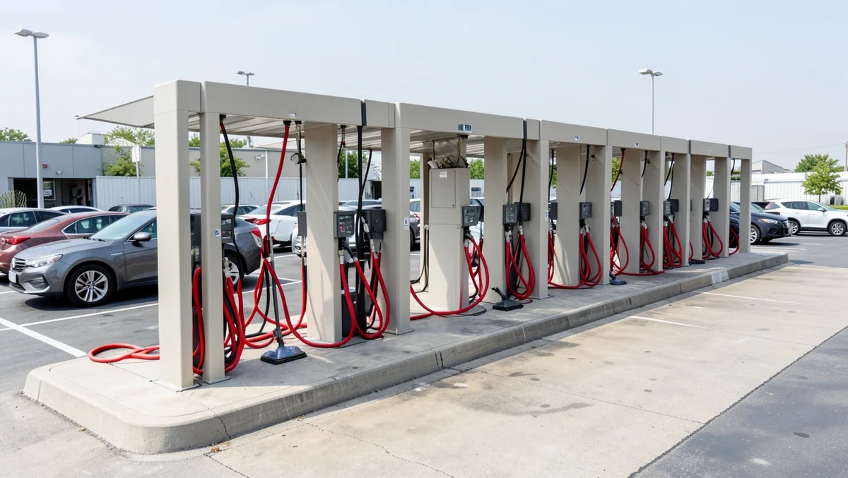 A row of outdoor self-serve vacuum stalls with red hoses at a car wash lot