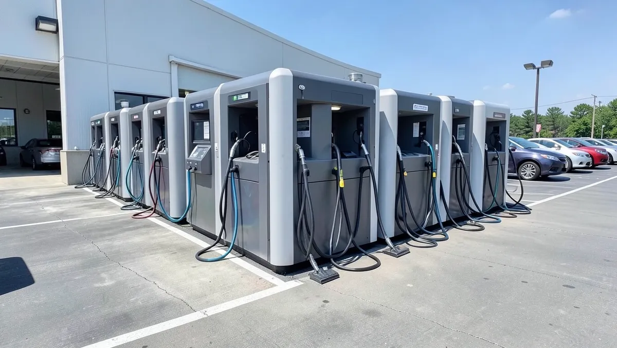 Row of self-serve vacuum stations with hanging hoses in a car wash parking lot