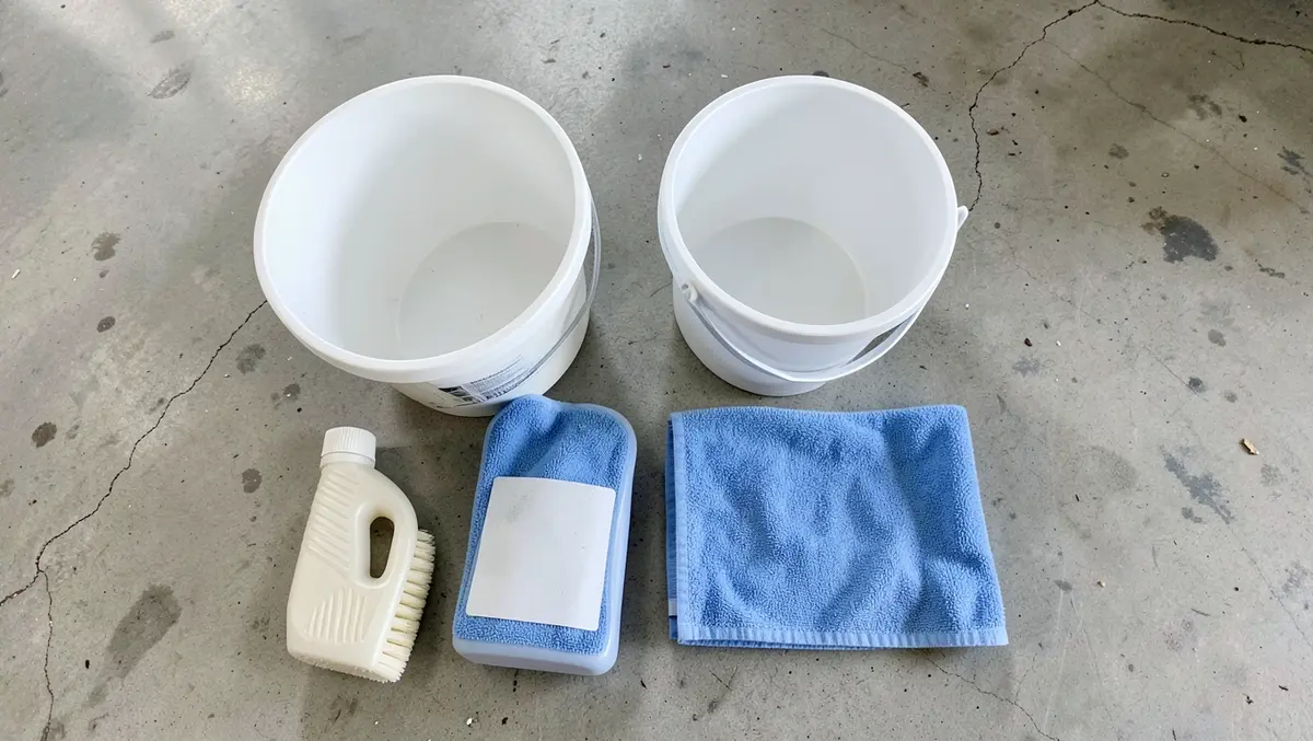Car washing supplies laid out: two buckets, a microfiber wash mitt, a drying towel, car wash soap, and a wheel brush