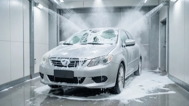Generic car being washed inside a touchless automatic car wash tunnel with high-pressure water jets and soap foam
