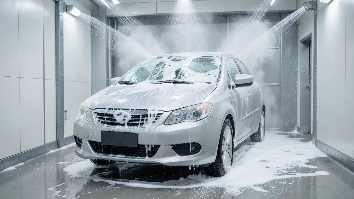 Generic car being washed inside a touchless automatic car wash tunnel with high-pressure water jets and soap foam