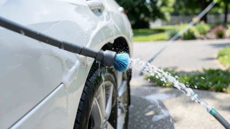 Rotating car wash brush attached to a garden hose spraying soapy water onto a white car's wheel well