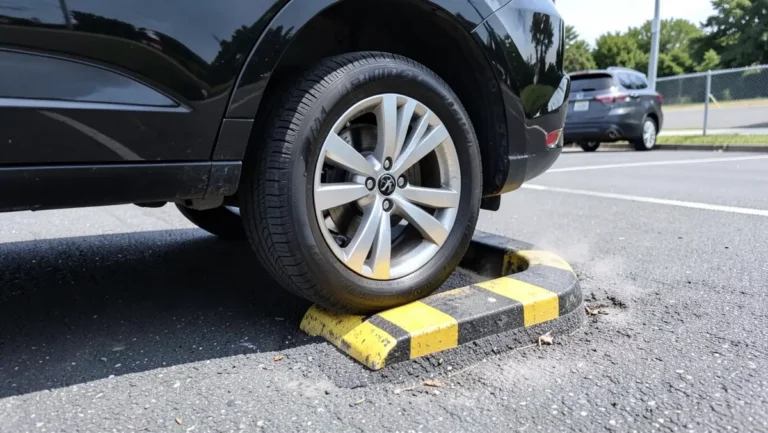Black SUV wheel driving slowly over a yellow and black rubber speed bump