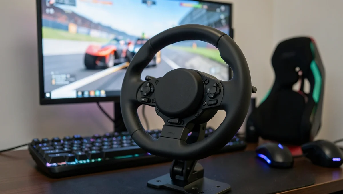 Racing wheel and pedal set clamped to a desk in front of a PC monitor running a racing game