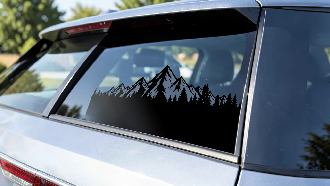 Black mountain silhouette vinyl decal applied to a car rear side window