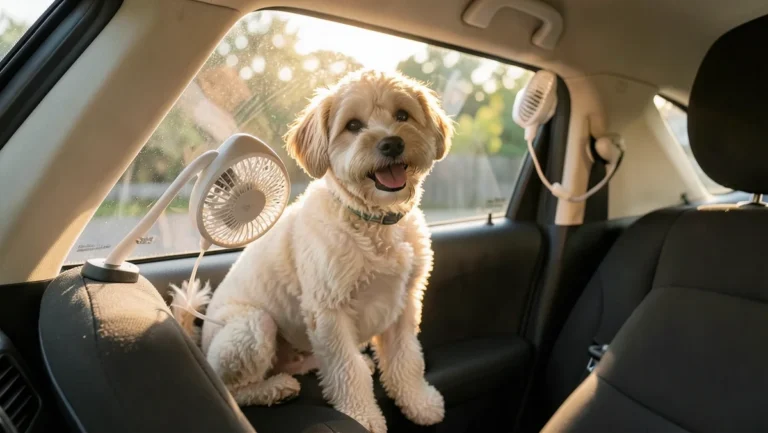 Small dog sitting on a car back seat next to a clip-on window fan in warm sunlight