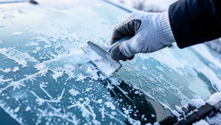 Gloved hand using an ice scraper to clear thick frost off a car windshield on a cold winter morning