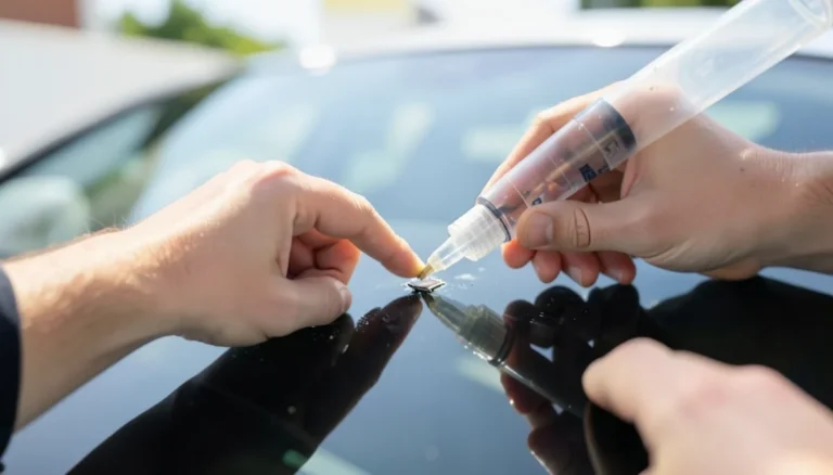 Technician injecting clear resin into a small windshield chip to repair it before it spreads into a crack