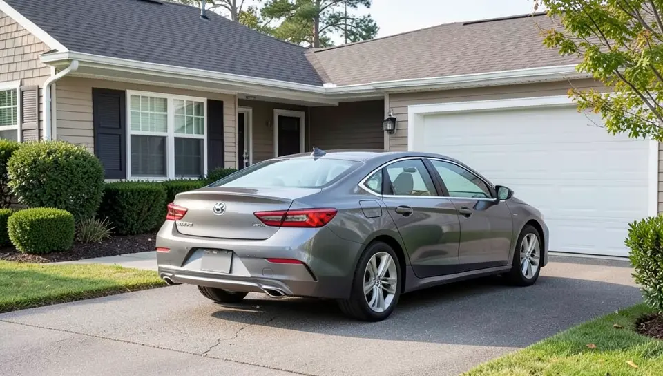 Sedan parked in a driveway representing a car with a refinanced auto loan