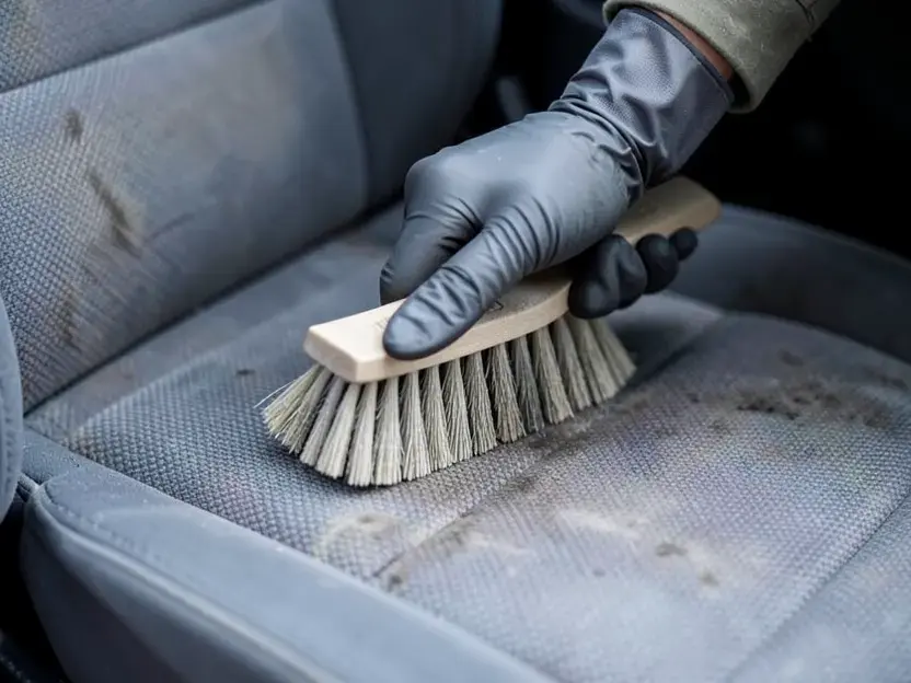 Gloved hand scrubbing a stained fabric car seat with a soft brush