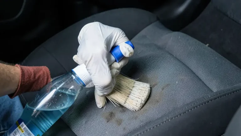 Scrubbing a stain on a car seat with a fabric-safe carpet cleaner and brush