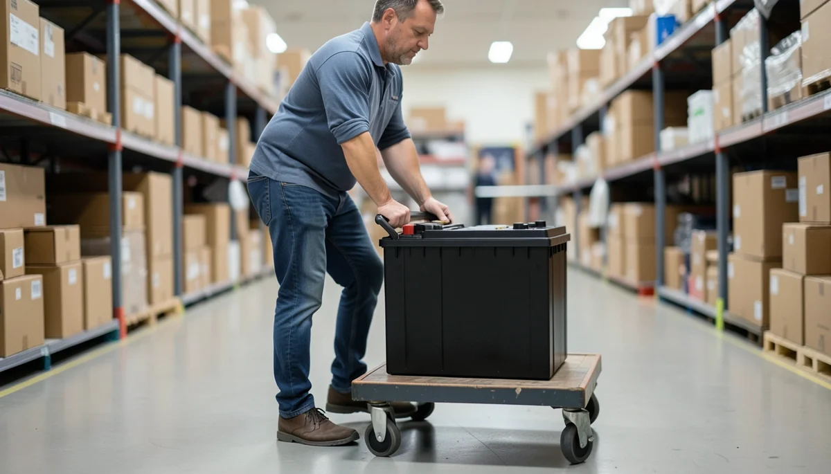 Man wheeling a new car battery on a flatbed cart through a warehouse store aisle