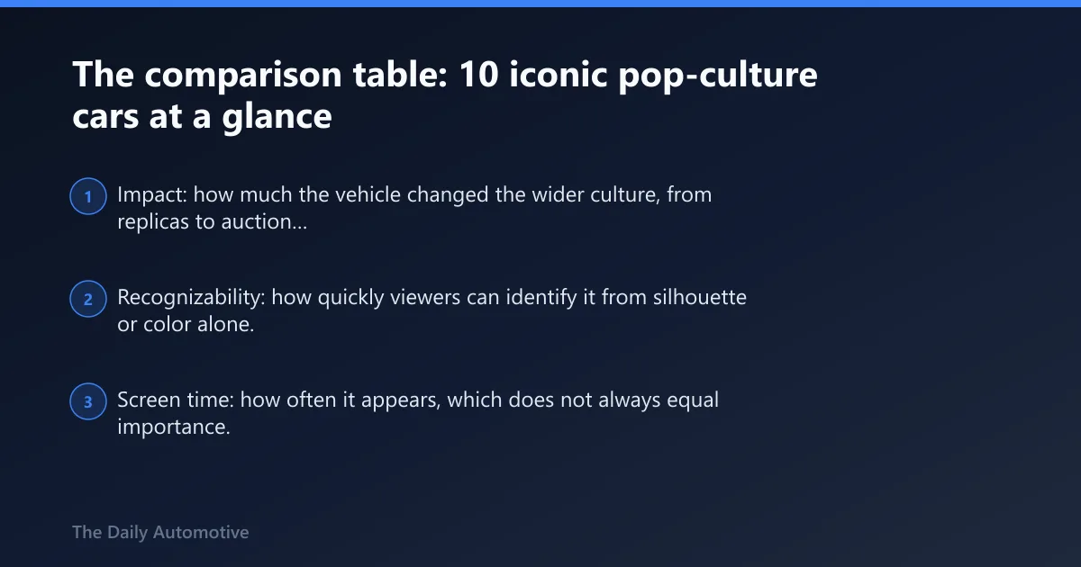 Steps: The comparison table: 10 iconic pop-culture cars at a glance
