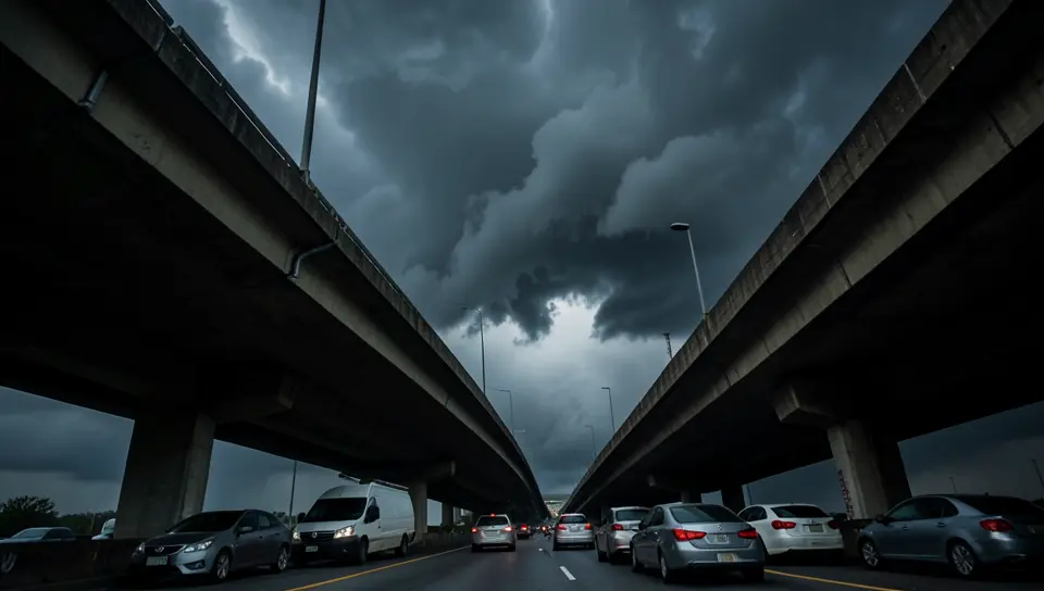 Cars clustered underneath a highway overpass during a severe storm