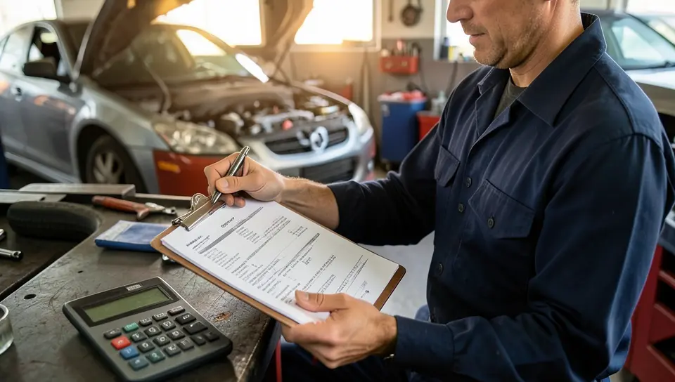 Mechanic reviewing a repair cost estimate on a clipboard next to a car with the hood open