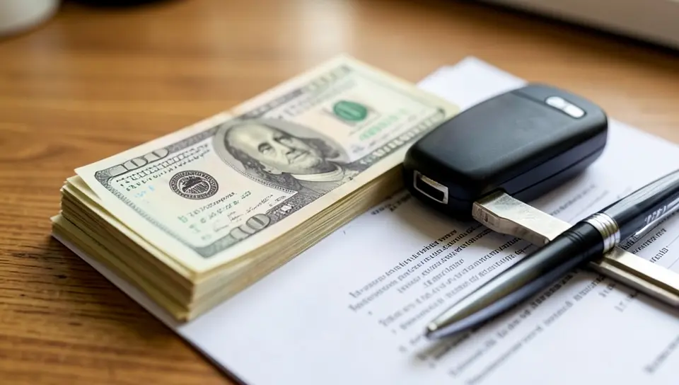 Stack of hundred dollar bills next to a car key and paperwork on a desk, representing a cash car payment