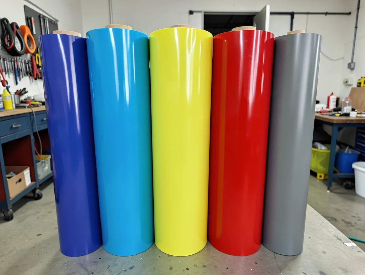 Rolls of colored automotive vinyl wrap film in gloss and matte finishes in a workshop