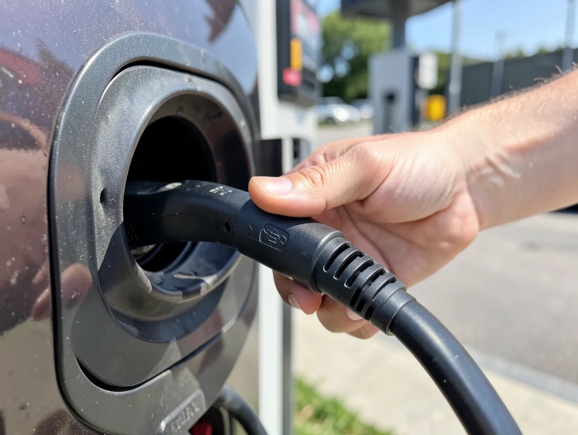 Close-up of a CCS charging adapter plugged into a non-Tesla electric vehicle's charging port