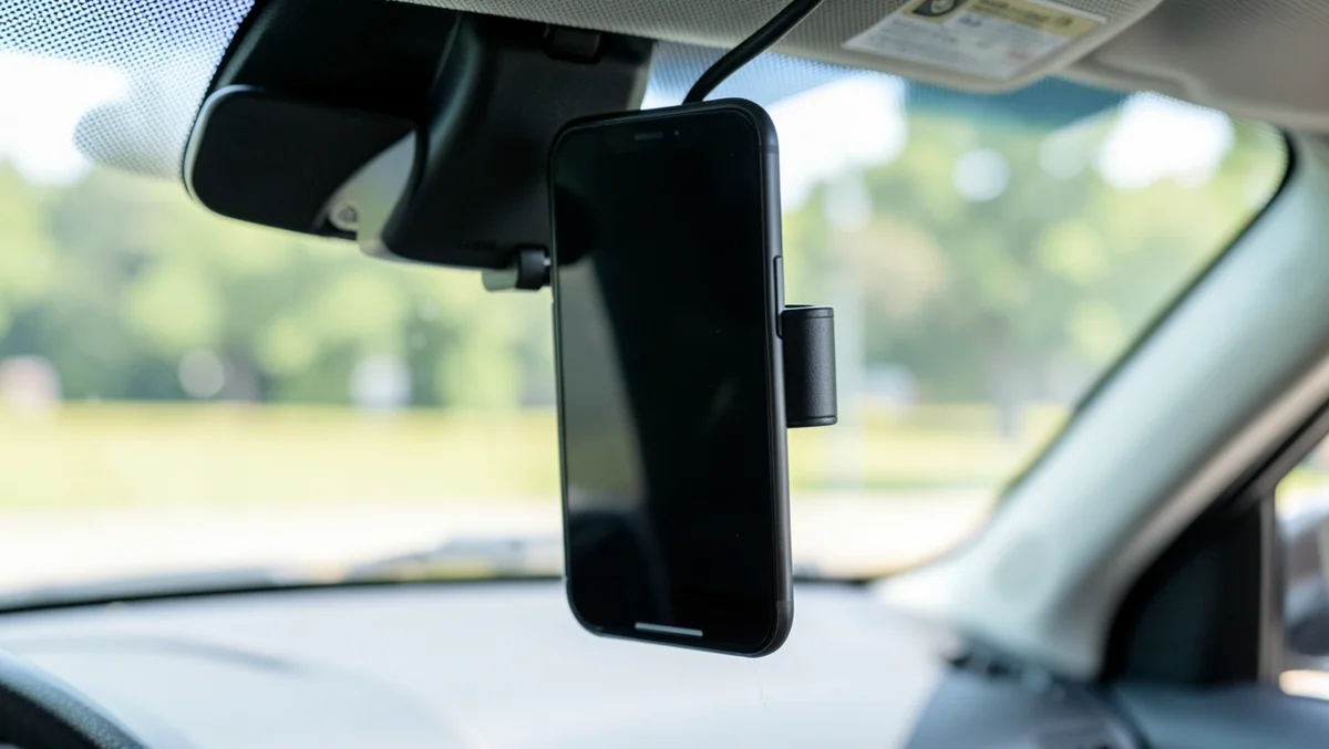 Smartphone mounted on a car rearview mirror phone holder with dashboard in view