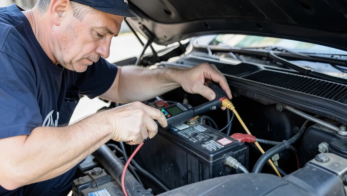 Mechanic testing a car battery with a digital multimeter under the hood