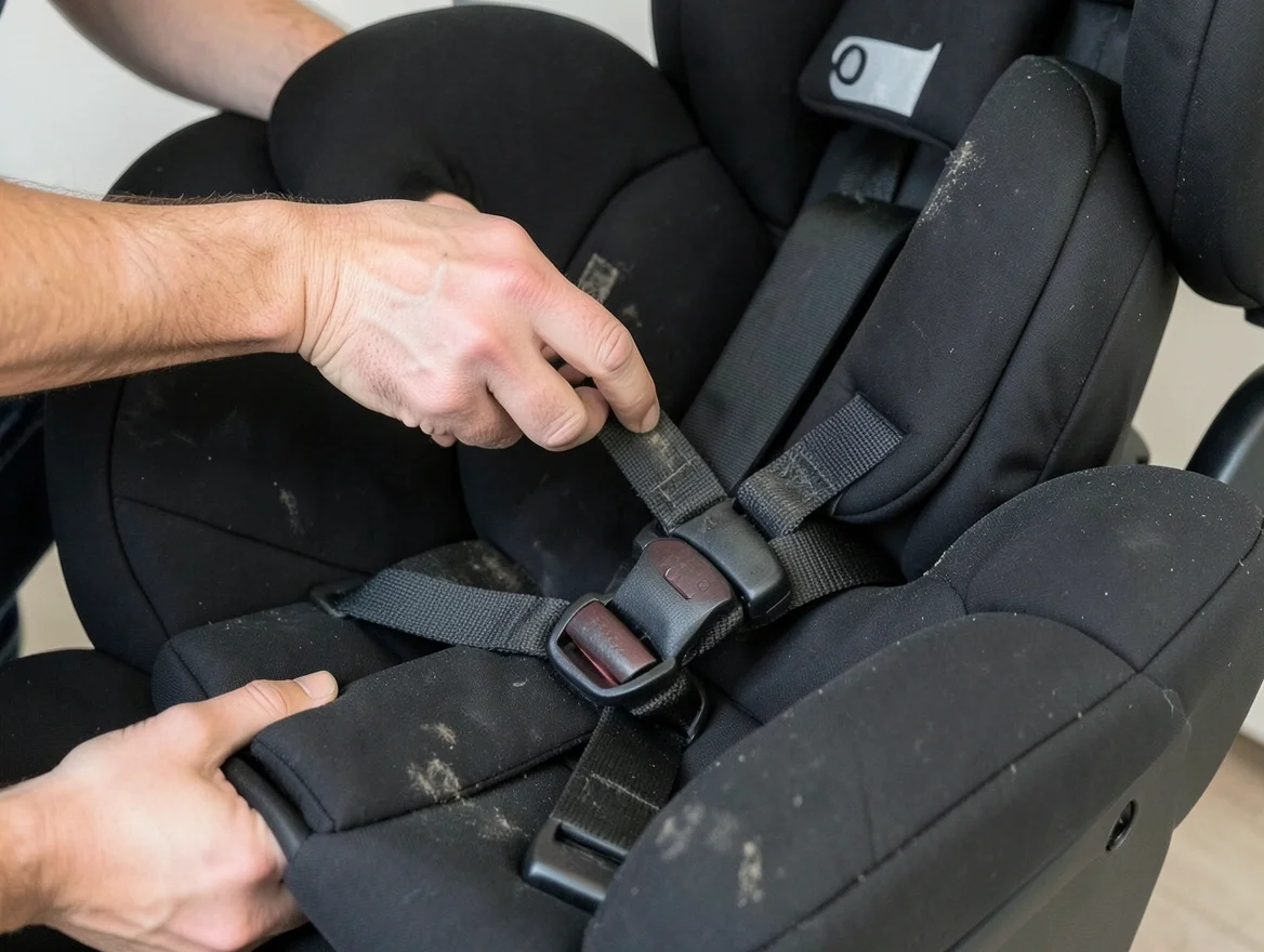Hands inspecting the straps and buckle of a car seat before donating it