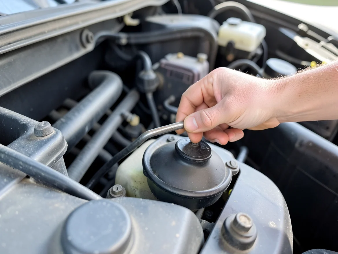 Checking the transmission fluid level by pulling the dipstick out of the reservoir under the hood