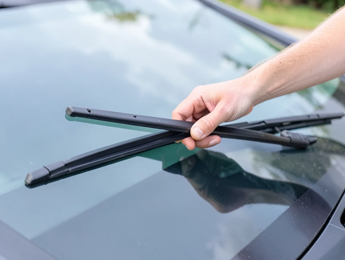 Hand lifting a windshield wiper blade off the glass to check its size
