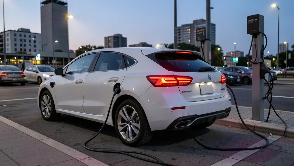 Row of electric cars charging at a public charging station at dusk